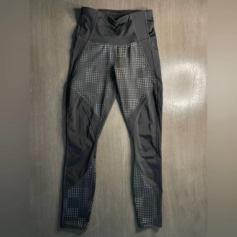 Athleta Black And Rainbow Square High Waisted Leggings